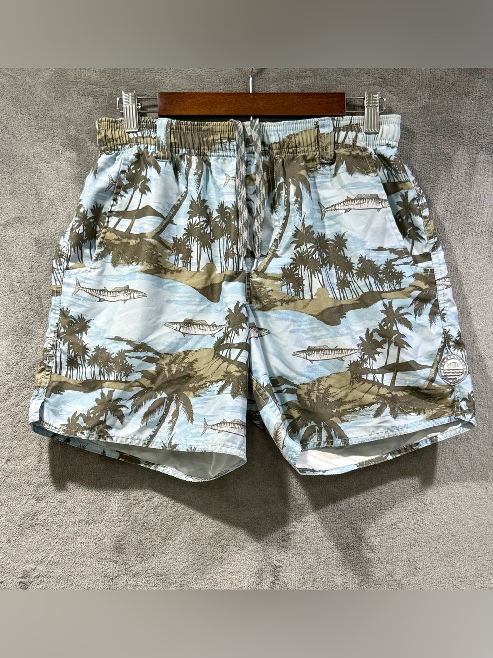 AFTCO Swim Shorts Mens Small Blue Tropical Palm Tree Print Beach Lined Beach